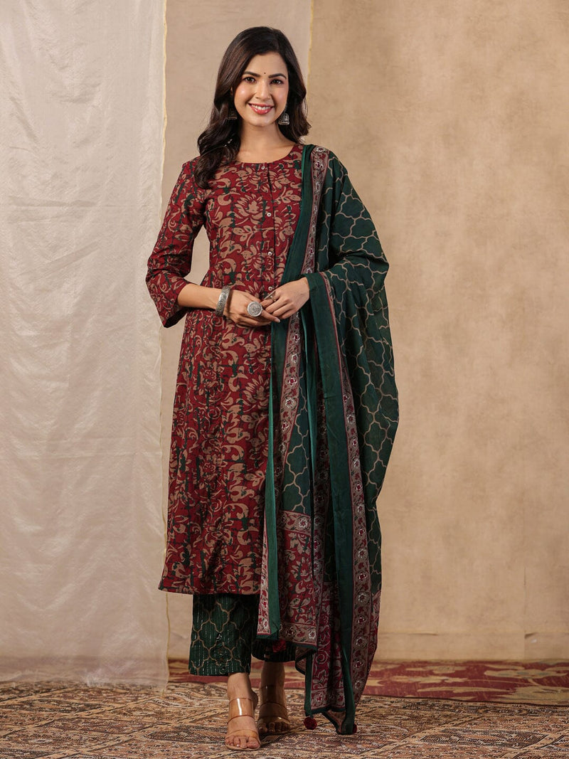 Printed green kurti, dupatta and pant set with heavy embroidery - Kurti  Fashion